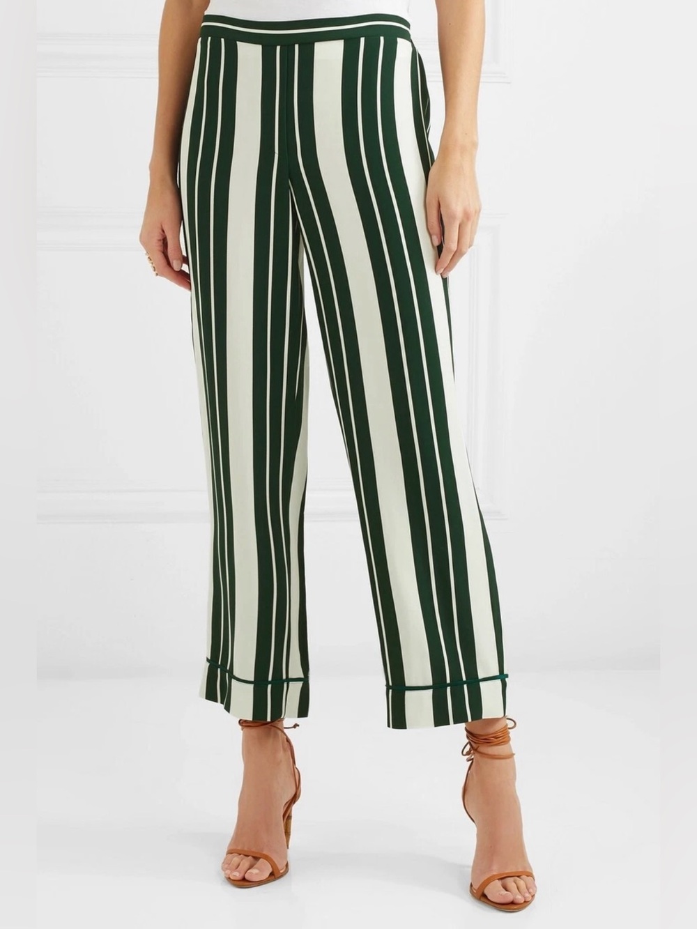Oscar de la Renta Green & Ivory Striped Pants, Size 10